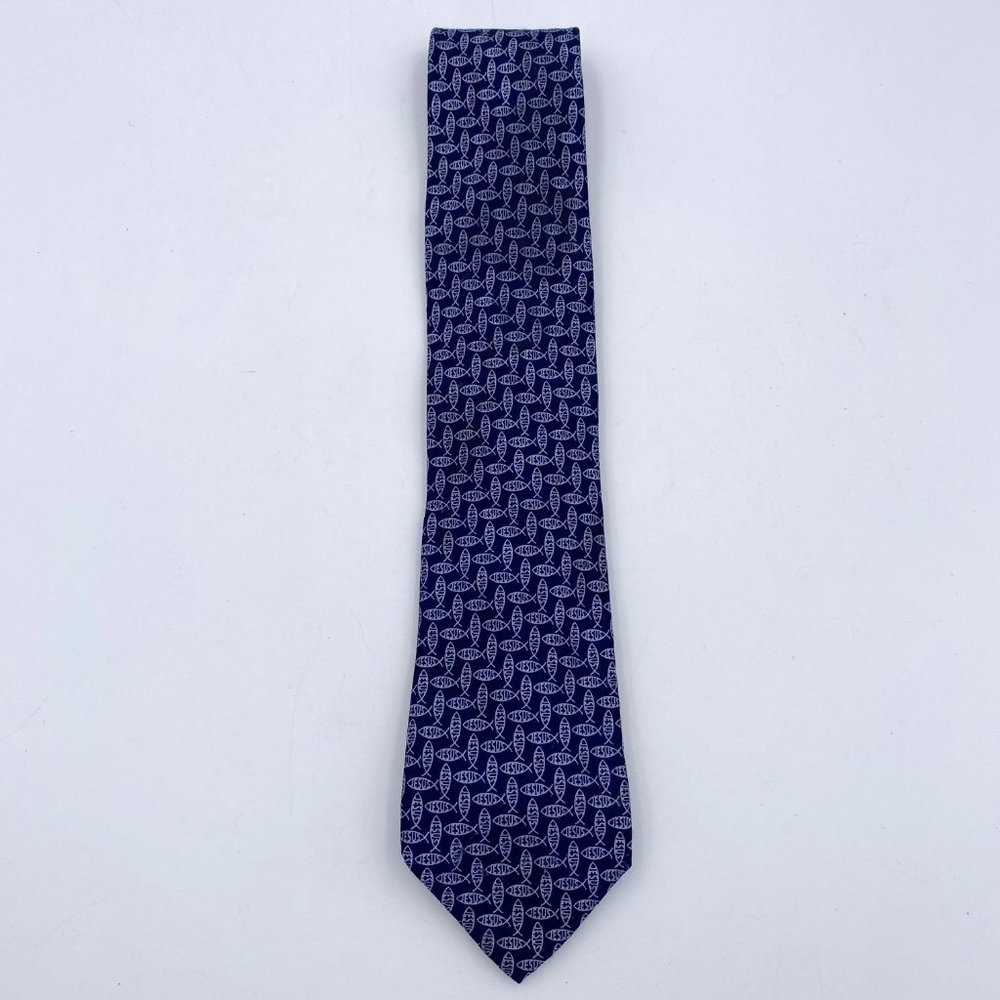 Tie Tales Ichthys Jesus Fish Tie Religious Church 100% Silk Necktie Blue & White